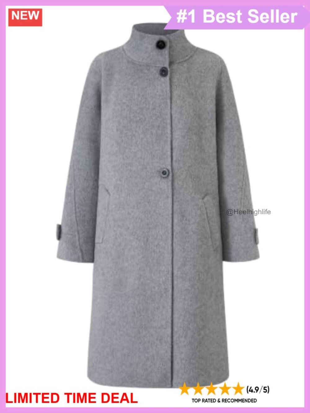 Wool Blend Double Face Mid Length Overcoat Stand Collar Loose Fit